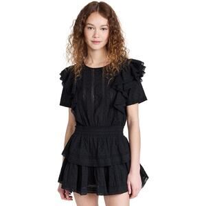LOVESHACKFANCY Natasha Embroidered Cotton Eyelet Black Ruffle Mini Dress Sz XXS